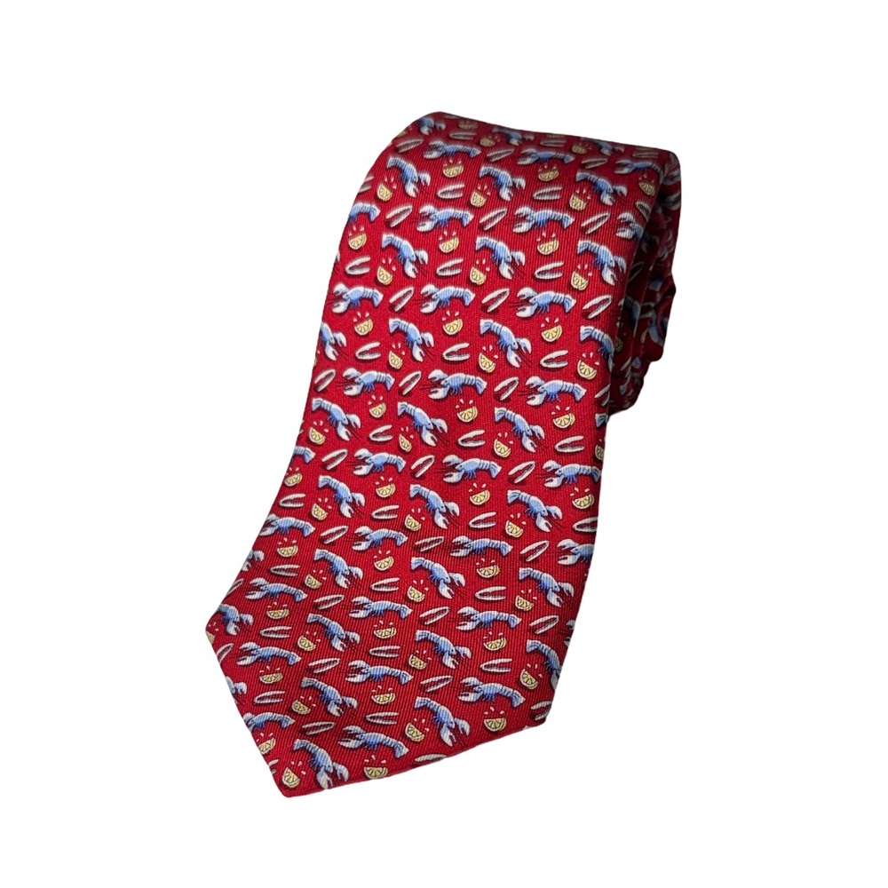 Vineyard Vines mens red lobster print 100% silk neck tie EUC
